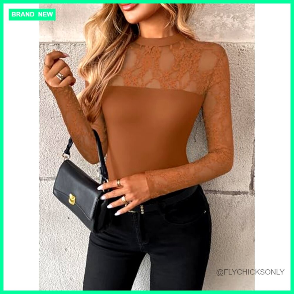 Long Sleeve Lace Mesh Blouse Sheer Tops Women's Fitted Crew Neck - Picture 3 of 7